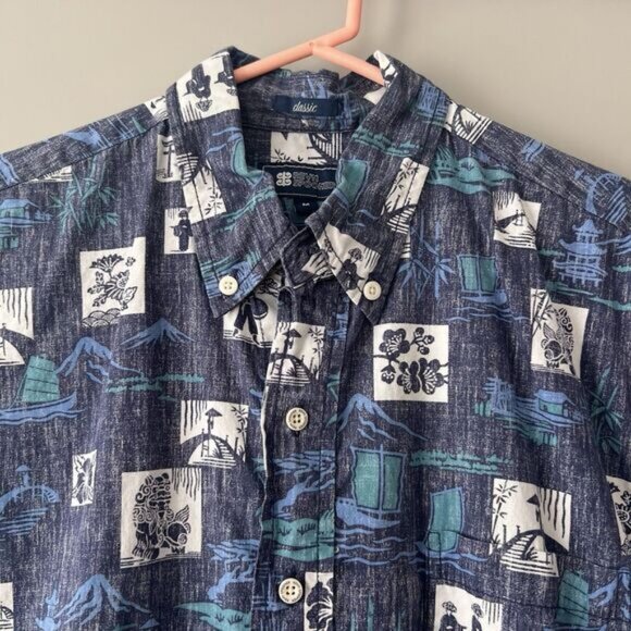 Reyn Spooner Okinawan Village Aloha Shirt Mens Sz Medium Blue Classic Hawaiian - Picture 3 of 15